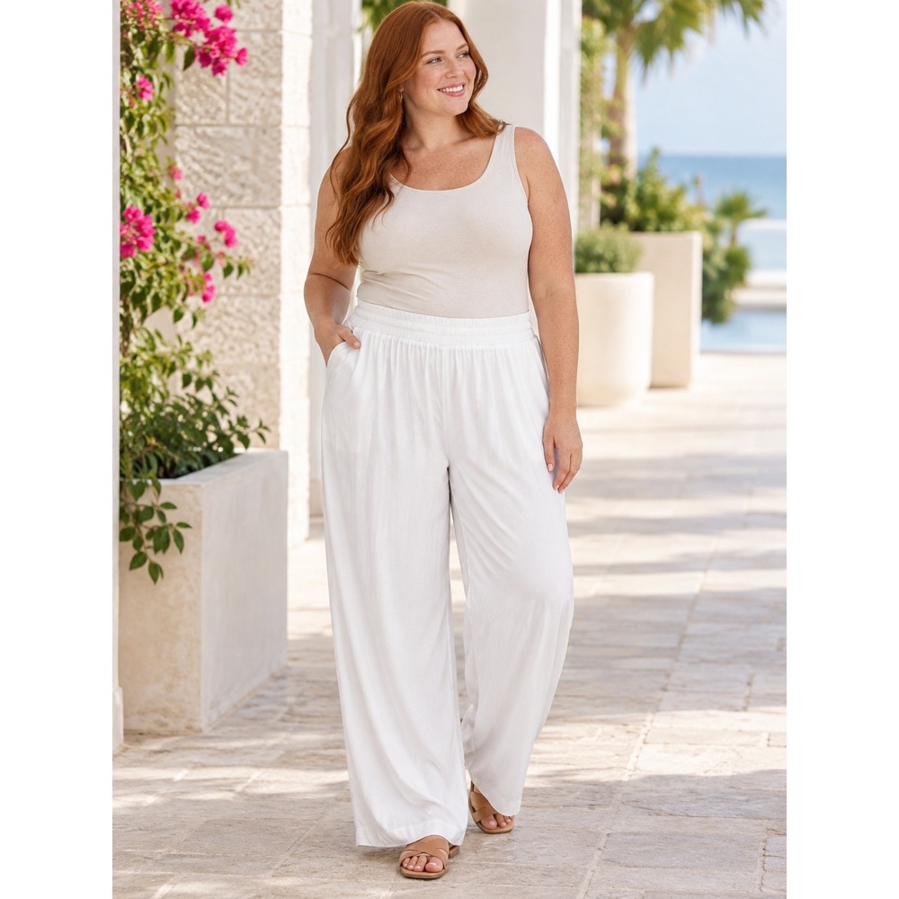 Lane Bryant Wide Leg Pants Women 18 White Crochet Trim Rayon Boho Crochet Casual